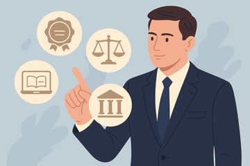 Lawyer providing legal services online. Business legislation concept with justice icons. Attorney, notary, consultant with symbols of law, court, certificate and judiciary.