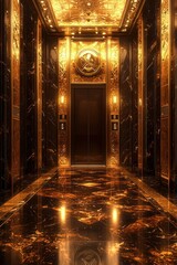 Luxurious gold-toned elevator hall