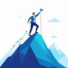 Businessman Reaching Mountain Peak with Flag Blue Color Illustration Achieving Business Goals Representing Success and Challenge
