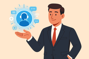 Businessman with AI assistant icon. Concept of smart technology, virtual help, chatbot, and artificial intelligence. Digital communication tools for customer service and support.
