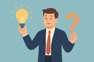 Businessman holding glowing lightbulb idea and question mark. Problem solving, creative thinking, innovation, business solution, strategy, choice, inspiration, metaphor.