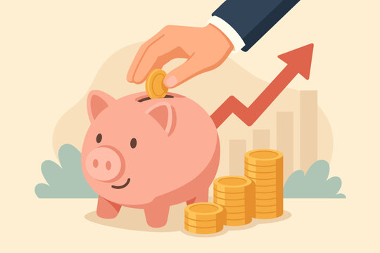 Saving money concept. Hand puts coin in piggy bank. Financial investment growth. Business wealth accumulation. Finance planning for retirement. Rising arrow graph and chart. Budget.