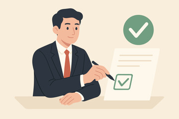 Fototapeta premium Businessman Approving Document with Check Mark, Project Acceptance, Quality Assurance, Assessment, Evaluation, Questionnaire, Online Form, Business Agreement Concept