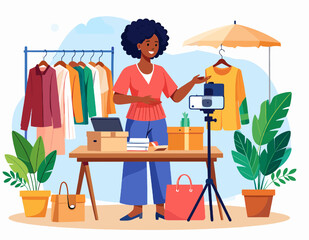 Cheerful African Woman Creates Online Clothing Haul Video in a Bright Studio With Plants and Racks Full of Colorful Clothes in Flat Vector Design