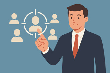 Businessman in suit selecting target customer icon. Recruitment, human resources, CRM, customer relationship management, business sales strategy, client focus, employee development