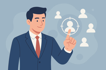 Businessman selecting target customer icon. Human resource recruitment. CRM customer relationship management. Sales strategy. Business focus. Team management. Digital marketing.