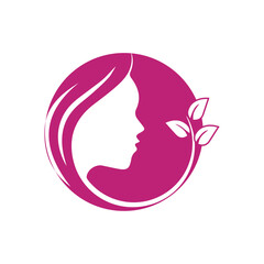Vector illustration of a woman with pink hair, black silhouette with line art profile design