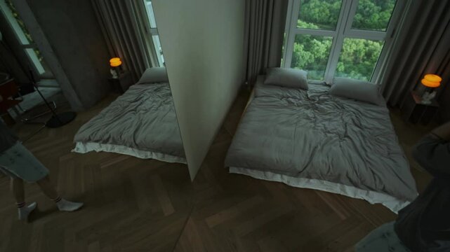 Mentally unstable man in modern room experiencing psychotic episode, erratic behavior and paranoid manic disorder.