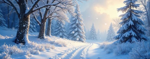 Magical Winter Wonderland Frosted Trees and Winding Path in a Snowy Forest
