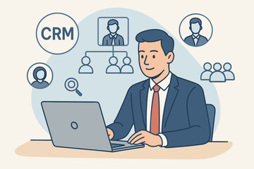 CRM customer relationship management concept, businessman using laptop for effective personnel management, human resources, recruitment, organizational structure, team leadership