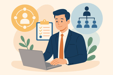 Fototapeta premium Businessman Using Laptop for CRM and Human Resource Management, Effective Personnel Recruitment, Team Organization, Leadership, Workflow, Corporate Structure, Office Concept