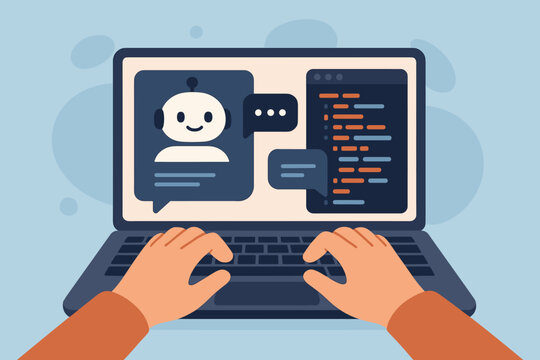 Hands Typing on Laptop with AI Chatbot, Virtual Assistant, and Code Interface. Artificial Intelligence, Automation, Smart Digital Support, Technology Communication Concept