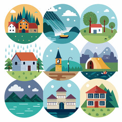Nine Circular Illustrations Showcasing Diverse Landscapes and Buildings Including Houses Mountains Waterfalls a Church a Tent and a Lake all Rendered in a Flat Cartoon