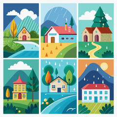 Fototapeta premium A collection of six stylized illustrations depicting houses in various landscapes and weather conditions showcasing a whimsical and colorful aesthetic with geometric shapes and vibrant