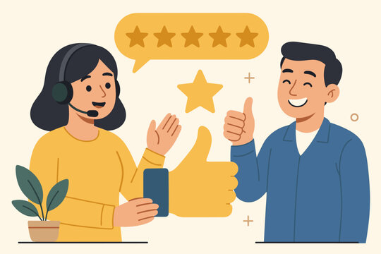 Customer service excellence, support representative with headset, five star rating, positive feedback, client satisfaction, thumbs up, business review, flat vector illustration