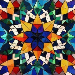Intricate geometric stained glass pattern with vibrant colors