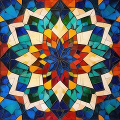 Intricate geometric stained glass pattern with vibrant colors