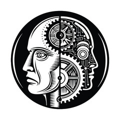 Half Human Half Machine Face with Glowing Wires and Gears, Futuristic Cyborg Head, Dark Background, Vector Art, Dramatic Lighting