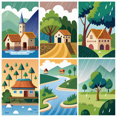 A collection of six stylized illustrations depicting various landscapes with houses trees mountains and water showcasing different weather conditions like rain and sunny skies in