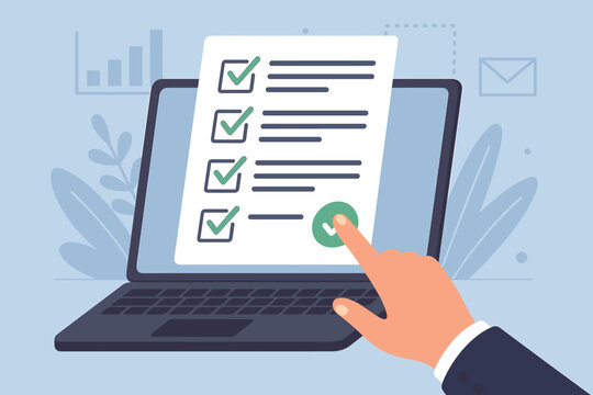 Digital checklist approval on laptop, hand touching online form, paperless office workflow, electronic document management, business productivity, virtual interface concept