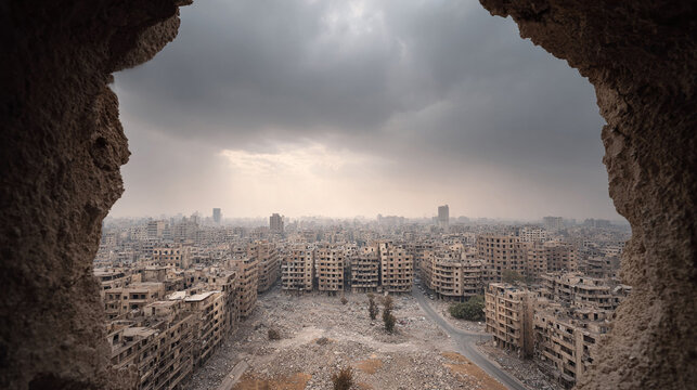 A city in ruins viewed through a stone archway. Evokes themes of destruction, conflict, resilience, and aftermath. Could be used for documentary, news, or conceptual projects.