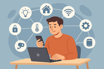 Man Using Laptop and Smartphone with Smart Home IoT Network Icons, Wireless Communication, Internet of Things Connectivity, Digital Innovation, Automation Technology Concept