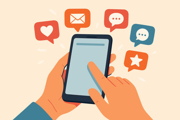 Social media interaction on smartphone, hands holding mobile device, notification icons for like, message, email, comment, star, online communication, digital networking concept