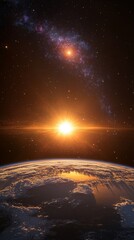 Obraz premium Cosmic sunrise over Earth: a breathtaking view of our planet's curvature with sunlight illuminating atmospheric layers and distant galactic brilliance