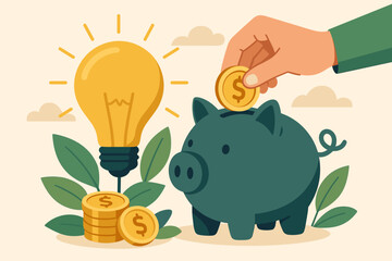 Financial savings and energy efficiency concept with piggy bank, coins, lightbulb idea, investment growth, money management, eco-friendly budget planning, modern flat vector illustration