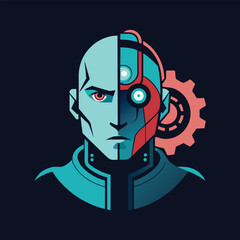 Half Human Half Machine Face with Glowing Wires and Gears, Futuristic Cyborg Head, Dark Background, Vector Art, Dramatic Lighting