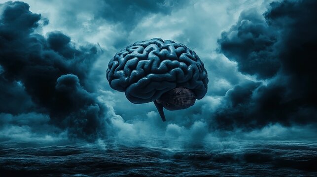 A surreal image of a floating human brain above a dark ocean under a moody, cloudy sky.