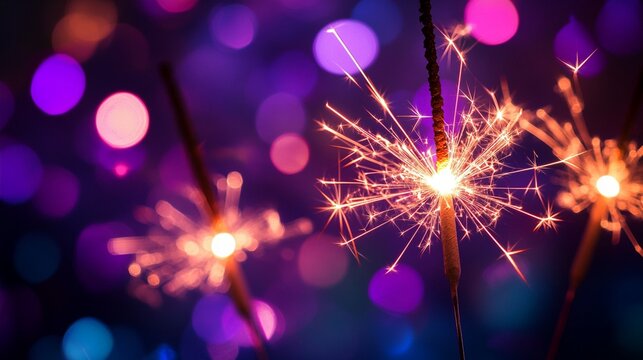 Festive sparklers ignite the night with brilliant golden sparks, creating a magical atmosphere against a dreamy purple and blue bokeh background of twinkling lights. - Powered by Adobe
