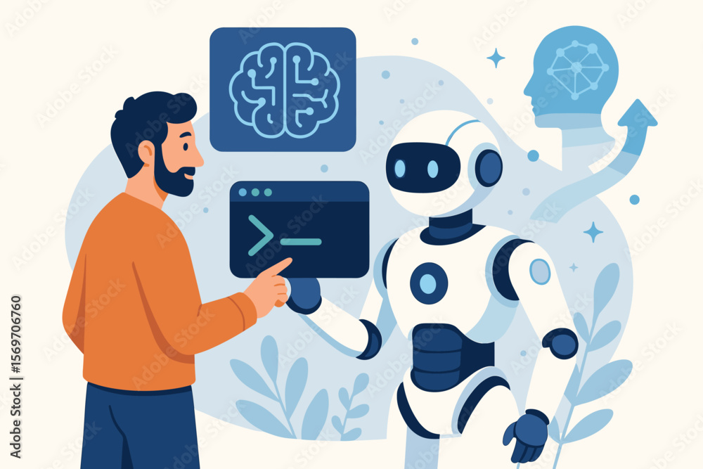 Aufkleber artificial intelligence concept. man interacts with smart robot. future technology, machine learning