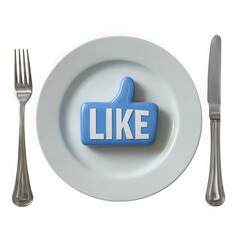 Facebook like button served on a plate with fork and knife isolated on transparent background
