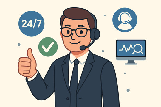 Friendly call center agent gives thumbs up for 24/7 technical support service. IT assistance concept, customer satisfaction, quality guarantee, approval checkmark, monitoring.