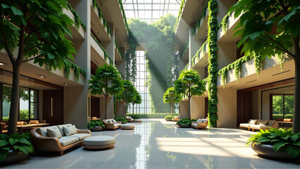 Fototapeta premium Grand Hotel Lobby with Lush Biophilic Elements