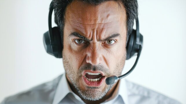 A man wearing a headset with a microphone, speaking passionately into it.