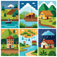 Collection of Six Illustrated Landscape Scenes Featuring Houses Water and Nature Elements in a Flat Cartoon Style with Varying Weather Conditions and Color Palettes grid
