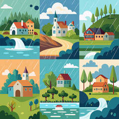 A vibrant collage of six stylized illustrations depicting various houses and buildings in rainy landscapes showcasing a whimsical and colorful aesthetic with a focus on