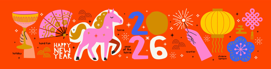 Year of the Horse. 2026. Happy New Year! Vector cute illustrations of horse, fan, sparklers in hand, Chinese lanterns and festive elements and objects for icons, greeting card or congratulations