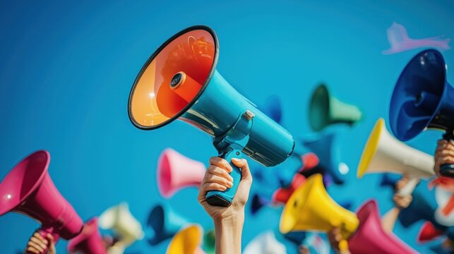 A hand holding a blue megaphone with colorful speakers in the background.