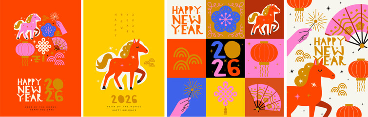 2026. Year of the Horse. Happy New Year! Vector cute illustrations of horse, fan, sparklers in hand, Chinese lanterns and festive elements for greeting card, poster, background and flyer