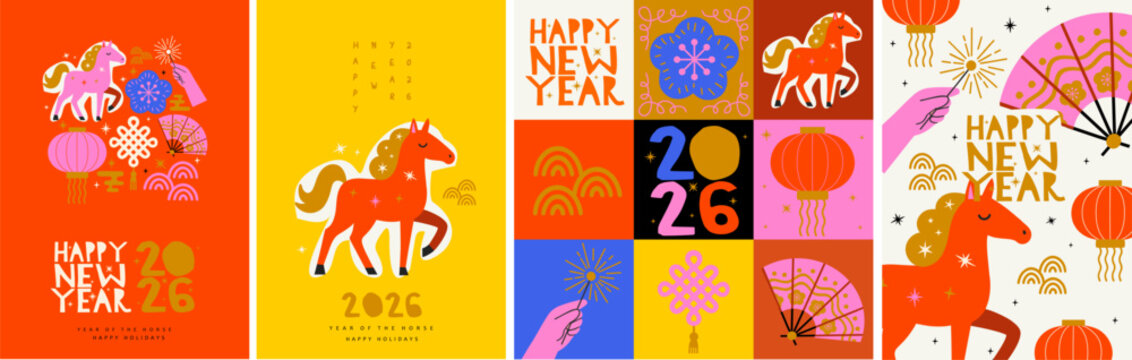 2026. Year of the Horse. Happy New Year! Vector cute illustrations of horse, fan, sparklers in hand, Chinese lanterns and festive elements for greeting card, poster, background and flyer