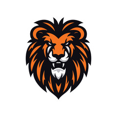 Fototapeta premium Lion Mascot Logo Orange And Black Color Scheme White Outline Sharp Fangs Aggressive Look Modern Illustration