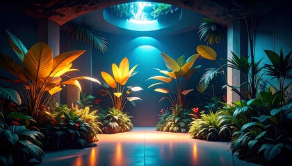 Vibrant Tropical Plants Illuminated in a Modern Indoor Garden with Reflective Floors and Dramatic Colorful Lighting a Tranquil Biophilic Atrium Space