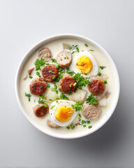 Traditional Polish zurek soup with white sausage, egg and herbs in white bowl
