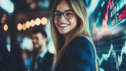 Businesswoman in office with market data