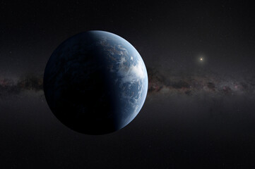 Obraz premium Illustration artistique de l'exoplanète habitable Kepler-22b, une super-Terre située à 635 années-lumière.