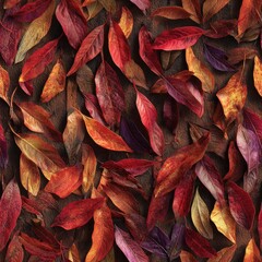 seamless texture aerial perspective showcases stunning array of autumn leaves in vivid shades red, orange, and purple. the rich offers quality ideal for creative backgrounds designs generative ai