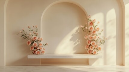  beautiful roses on the light beige wall arch
